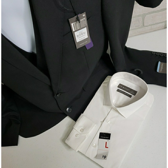 Men's Black Primark 3pc Suit Jacket Size 40 40L Pants 34 X 30 Vest White Shirt - Picture 13 of 16